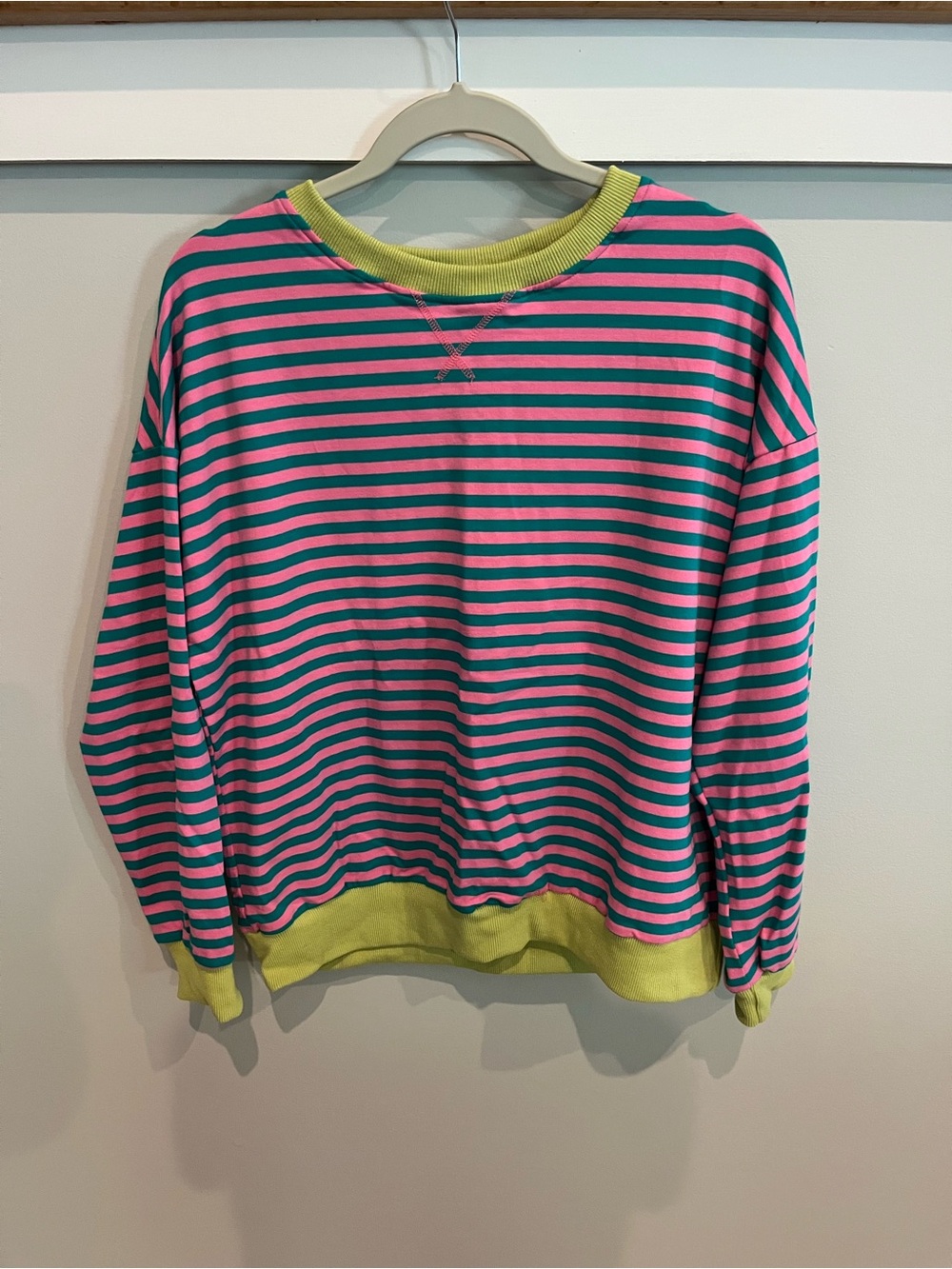 Striped Pink and Teal Sweatshirt with Lime Trim